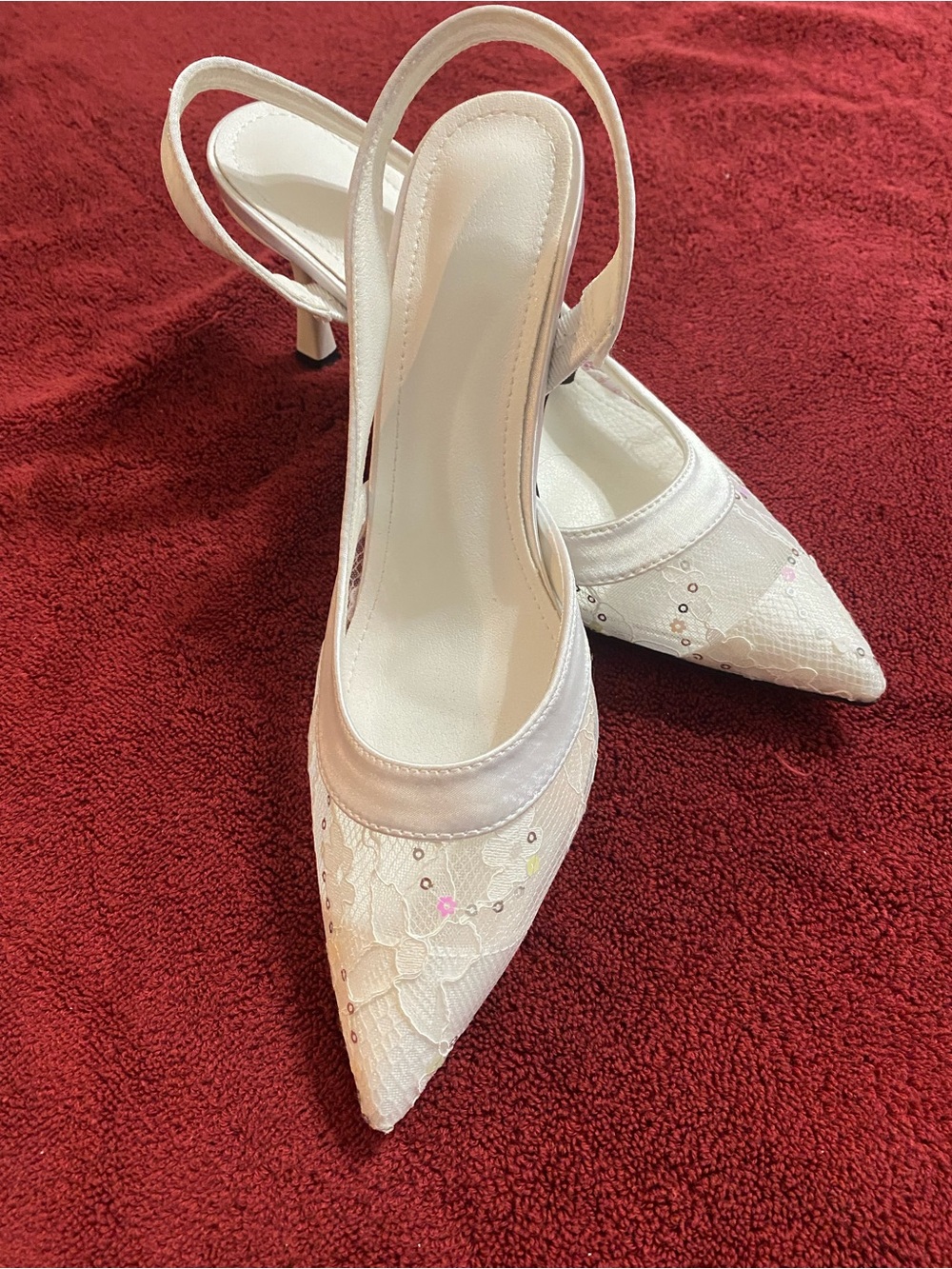White Lace Pointed Slingback Heels with Embellished Detail